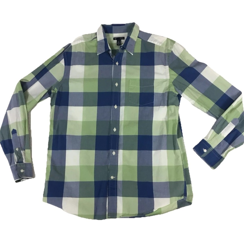 Gap Mens Large Classic Fit Long Sleeve Button Down Shirt Green Blue Plaid Cotton